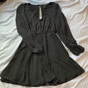 Forever 21 Blouson Dress Black Polka Dot Long Sleeve V Neck Lined Button Small